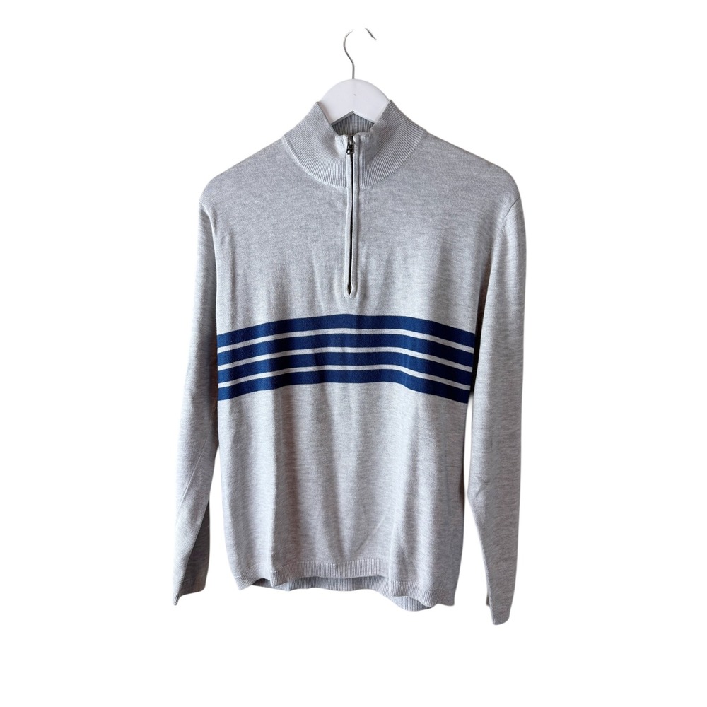 Maide Bonobos Mens Quarter Zip Sweater Grey Navy Blue Striped Mock Neck Size M